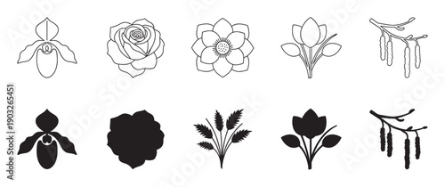 Set of black floral and botanical icons showing various flowers like a rose and orchid in both minimalist line art and solid silhouette styles for graphic design