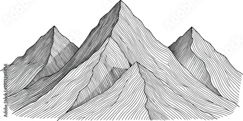 Black and white mountain contour illustration, rugged peak drawing, stylized terrain artwork, geographic line design, outdoor adventure image, natural landscape diagram