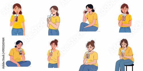 Set of eight cartoon illustrations showing sleepy, exhausted women drinking iced coffee or soda to combat fatigue and seek caffeine energy on a white background.