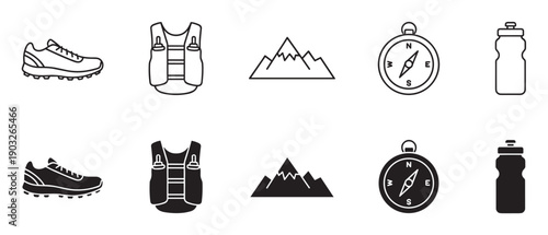 Set of black trail running icons featuring a shoe, hydration vest, mountain, compass, and water bottle in both line art and solid silhouette styles for outdoor sports concepts
