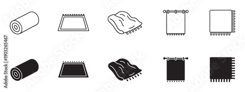Set of black home textile icons featuring rugs, blankets, and curtains in two styles, a simple thin outline and a solid filled glyph for web and print design
