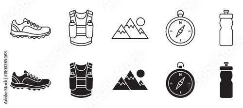 Trail running and hiking equipment icon set with line art and glyph styles showing a sneaker, hydration vest, mountains, compass, and water bottle for outdoor adventure concepts