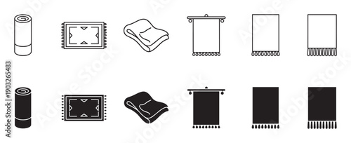 Collection of black home textile icons featuring a rolled towel, a fringed rug, a folded blanket, and a wall hanging in two distinct styles: thin outline and solid glyph