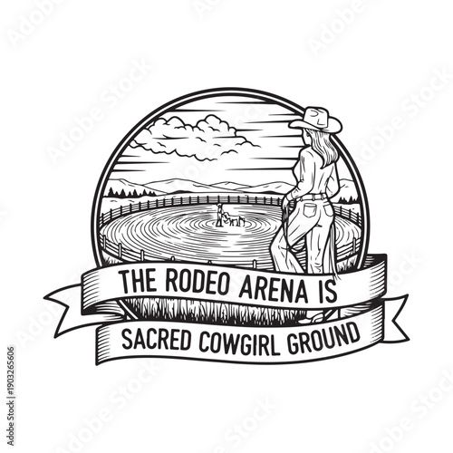  vintage rodeo cowgirl standing in arena illustration