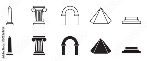 Set of ancient architectural landmark icons featuring an obelisk, column, arch, pyramid, and podium in both line art and solid black silhouette styles for graphic design