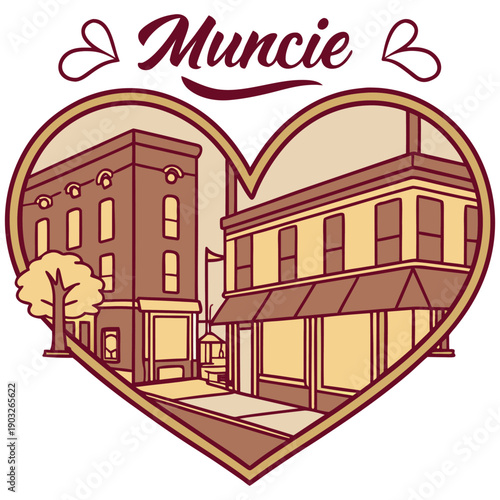 Muncie Indiana Downtown Street Scene Heart Shape Illustration