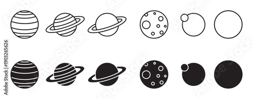 Set of black planet icons showing various celestial bodies in two styles, including simple line art outlines and solid filled silhouettes for graphic design and astronomy themes