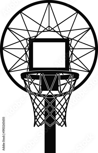 Basketball hoop illustration, geometric backboard design, abstract sports artwork, modern black and white drawing, decorative athletic symbol, creative graphic pattern
