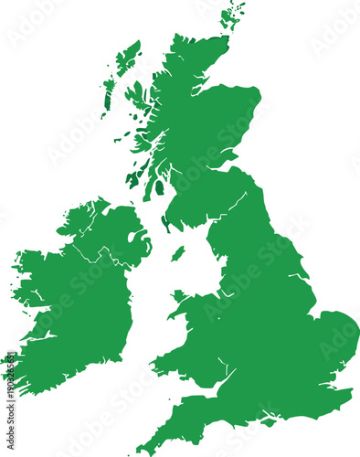 British Isles silhouette, United Kingdom map, Ireland outline, geographic illustration, green territory design, cultural region artwork, political boundary diagram, educational cartography image