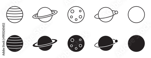 Collection of black planet vector icons featuring celestial bodies with rings, stripes, and craters, presented in minimalist outline and solid filled silhouette styles
