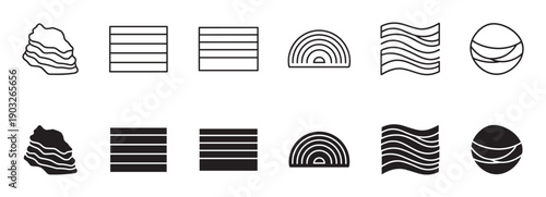Collection of twelve minimalist black symbols in two styles, line art and silhouette, showcasing abstract geometric and natural elements like waves, rainbows, and layered rocks