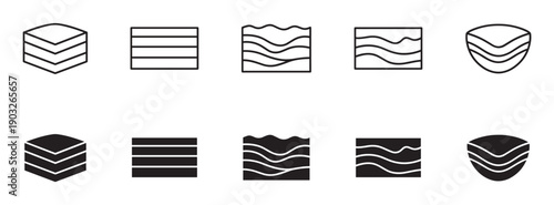 Collection of black layer icons in two different styles, outline and glyph, representing concepts like data, strata, water, fabric, and protection for user interface design