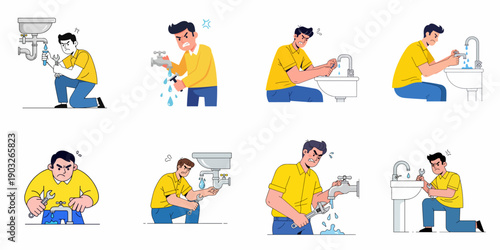 Set of Illustrations Showing a Frustrated Man Dealing with Plumbing Problems, Leaking Faucets, Broken Sinks, and DIY Repair Stress.