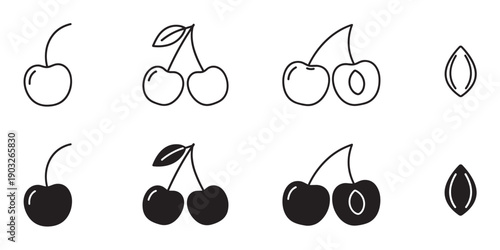 Set of black cherry icons in outline and solid styles showing single, paired, and halved fruit with a pit, presented in a clean and simple minimalist vector illustration
