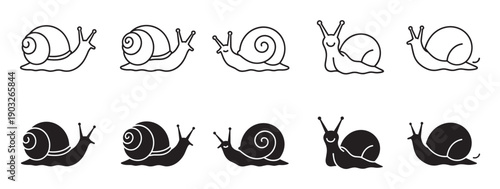 Set of ten cute snail vector illustrations featuring minimalist gastropod characters presented in two distinct styles, a simple line art and a solid black silhouette