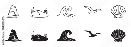 Set of black sea-themed icons including a coastal rock, dune, wave, seagull, and seashell in both line art and solid silhouette graphic styles