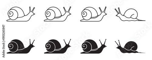 Set of black snail icons in silhouette and outline styles showing different simple graphic designs for a logo or pictogram, representing slowness and nature