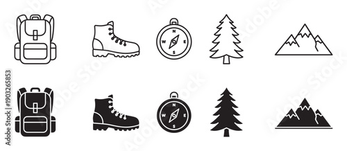 Black hiking and camping icon set with backpack, boot, compass, tree, and mountain symbols in two styles, line art and solid glyph for outdoor adventure concepts