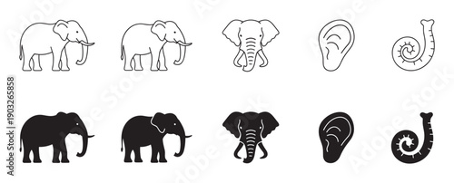 Minimalist black elephant icon collection featuring line art and solid silhouette styles with full body profiles, front view heads, and separate ear and trunk symbols