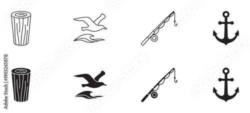 Collection of black nautical and fishing icons featuring a log, seagull, fishing rod, and anchor, shown as simple line art and bold silhouette vector illustrations
