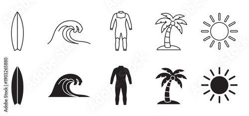 Set of surfing and beach icons in both outline and silhouette styles, including a surfboard, wave, wetsuit, palm tree, and sun, presented in a clean, minimalist design