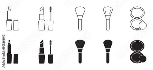Set of black makeup and cosmetic icons including lipstick, mascara, powder, and brushes in both outline and solid silhouette styles for beauty and fashion concepts