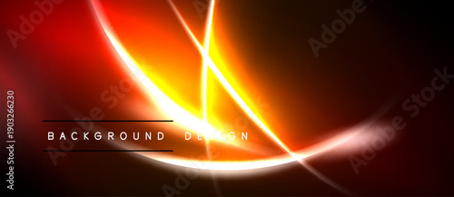 Bright abstract lines create dynamic energy. Red, orange, yellow hues dominate dark background. Modern design element.