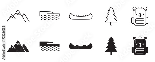 Set of black camping and hiking icons showing mountain, water, canoe, tree, and backpack symbols in two different styles, line art and solid silhouette