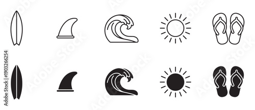 Set of black surfing and beach icons in two styles, line art and solid silhouette, featuring a surfboard, wave, sun, shark fin, and flip-flops for summer vacation concepts
