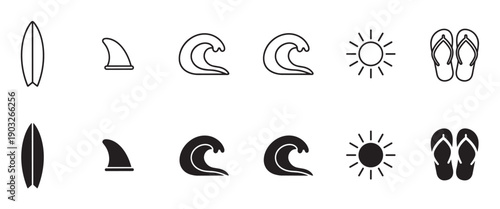 Set of black surfing and beach icons including a surfboard, shark fin, wave, sun, and flip-flops, presented in both simple outline and solid silhouette graphic styles