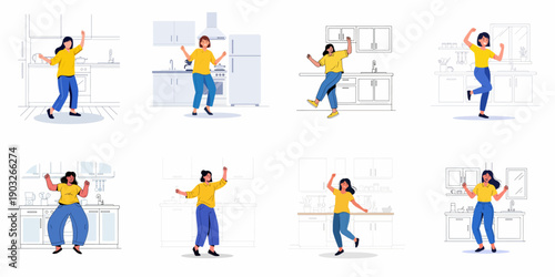 Set of eight vector illustrations showing happy young women dancing playfully in various modern kitchen environments.