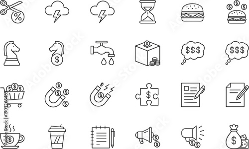 Business finance and marketing line icons set with money strategy promotion time management symbols vector illustration design