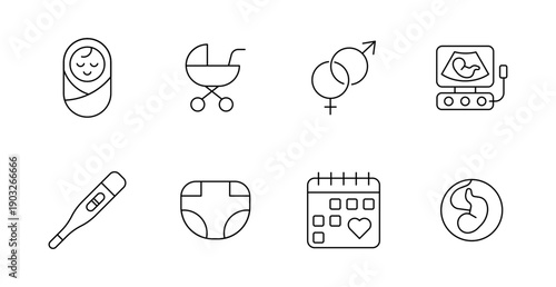 Baby care set icon. Newborn, diaper, bottle, stroller, calendar, pregnancy, test, ultrasound, embryo, parenting, motherhood, birth, baby