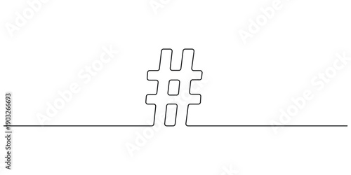 Minimalist continuous line drawing of a hashtag symbol, Single line art number sign or hash vector illustration