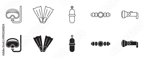 Set of black scuba diving equipment icons showing a mask, snorkel, flippers, tank, weight belt, and flashlight in both line art and solid glyph styles for design elements