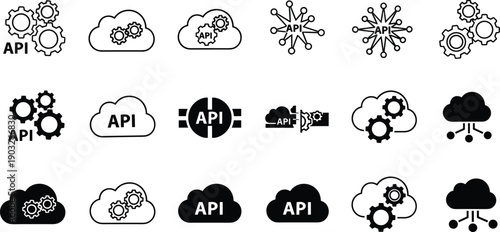 API cloud computing icons set illustrating web services integration, network communication, software development interfaces, and modern technology infrastructure in black and white vector style