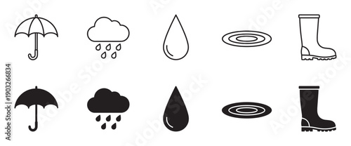 Collection of black weather icons representing rainy day elements like an umbrella, cloud, raindrop, puddle, and boot, with both simple line art and solid silhouette versions