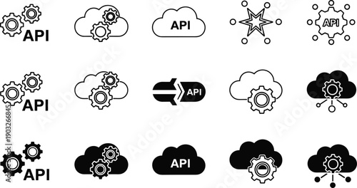 API cloud icons collection representing application programming interfaces, cloud computing, data exchange, software integration, and network connectivity concepts in black and white vector style