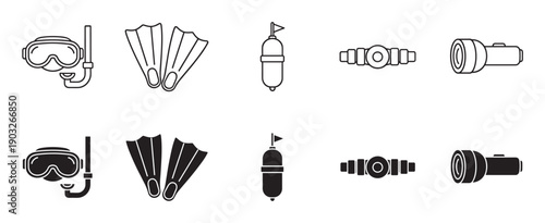 Diving and snorkeling equipment icon set collection featuring a mask, snorkel, flippers, buoy, and flashlight in minimalist black and white line art and solid glyph styles