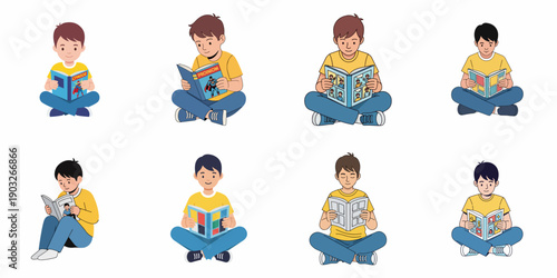 Collection of eight cartoon illustrations featuring young boys sitting comfortably, engrossed in reading various comic books and magazines, isolated on white.