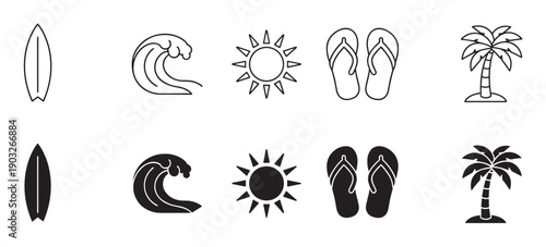 Collection of minimalist summer vacation vector icons including a surfboard, ocean wave, sun, flip-flops, and a palm tree shown as simple line art and solid black silhouettes