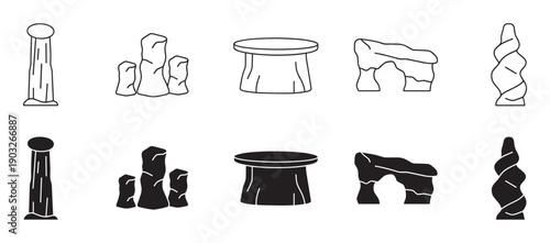 Set of ancient stone structure icons showing a pillar, dolmen, rock arch, and megalithic formations in both black line art and solid silhouette vector styles for graphic design