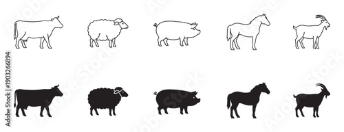 Set of farm animal icons including a cow, sheep, pig, horse, and goat shown in both black silhouette and simple line art outline styles for graphic design