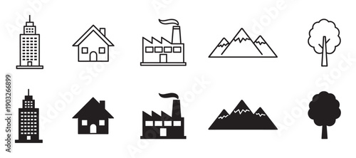 Set of black building and nature icons including a skyscraper, house, factory, mountain, and tree shown in both outline and solid silhouette styles for graphic design