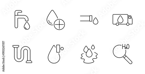 Water supply set icon. Faucet, plus drop, hose, delivery truck, plumbing pipe, droplet with bar, splashing drops, H2O search magnifier outlined in thin stroke for utilities and liquid context.