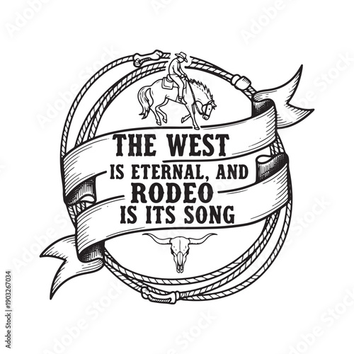  vintage rodeo illustration with cowboy on horseback isolated on white background