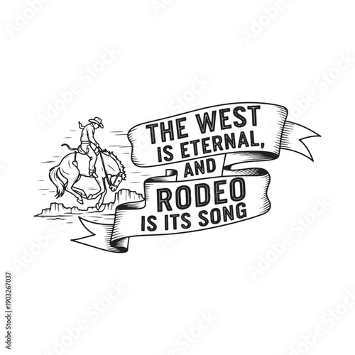  vintage rodeo illustration with cowboy on horseback and ribbon banner
