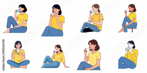 Collection of 8 illustrations showing young women sitting comfortably and enjoying a hot drink like coffee or tea, symbolizing relaxation and leisure time.