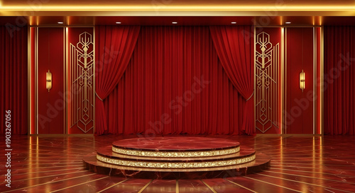 Deep Red Art Deco Stage with Luxury Marble Podium