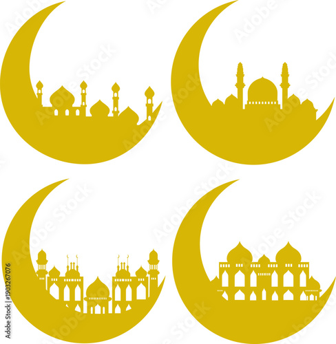 Golden Mosque Silhouette Against Black Background Showcasing Elegant Islamic Architecture and Culture